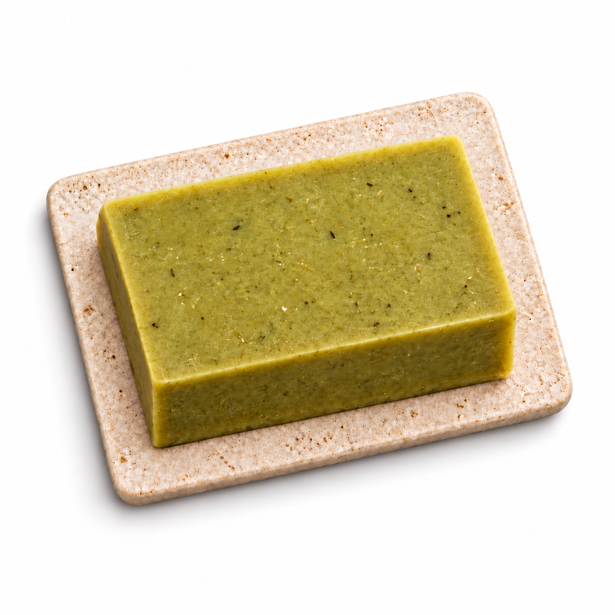 African Bitter Leaf soap bar, natural olive-green botanical texture, rectangular on a square white background