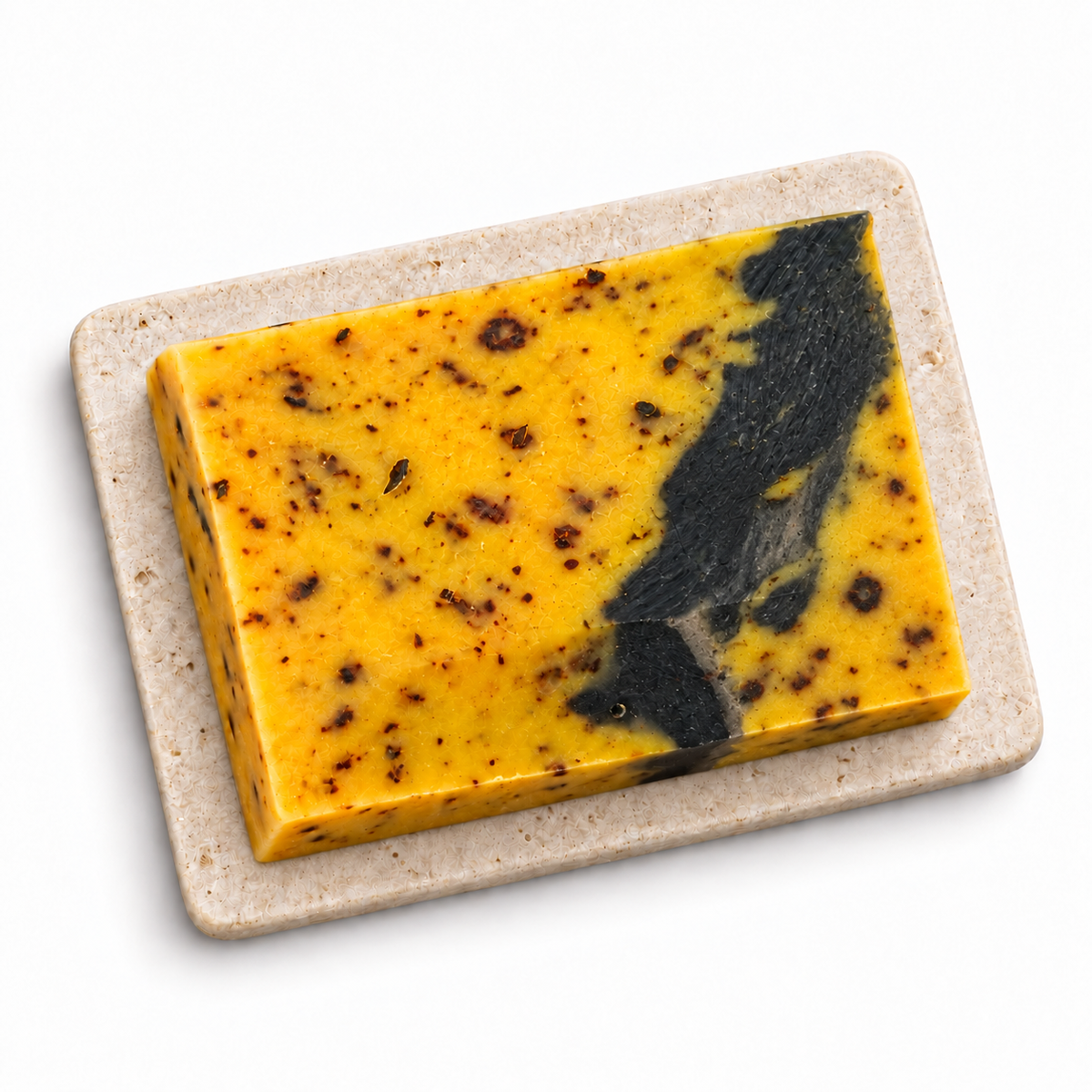 Golden Glow rectangular handmade soap bar, natural texture, white background