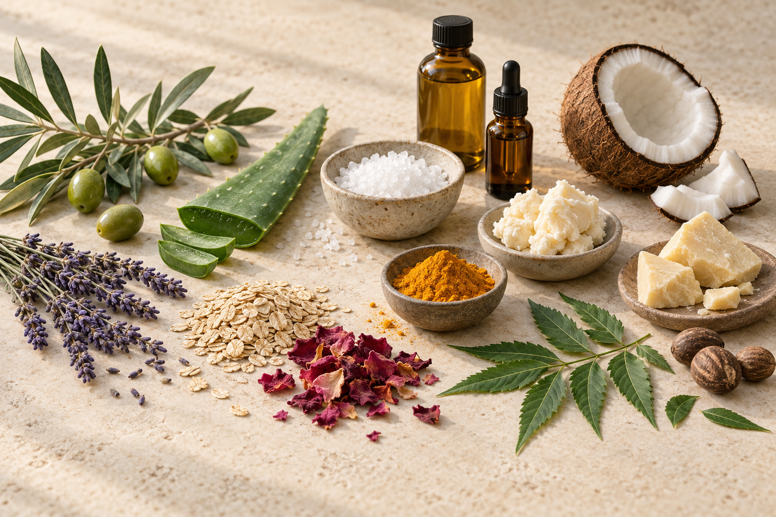 An editorial arrangement of olive, aloe, lavender, oatmeal, rose petals, shea and cocoa butters, coconut, sea salt, turmeric, neem leaves, and amber bottles