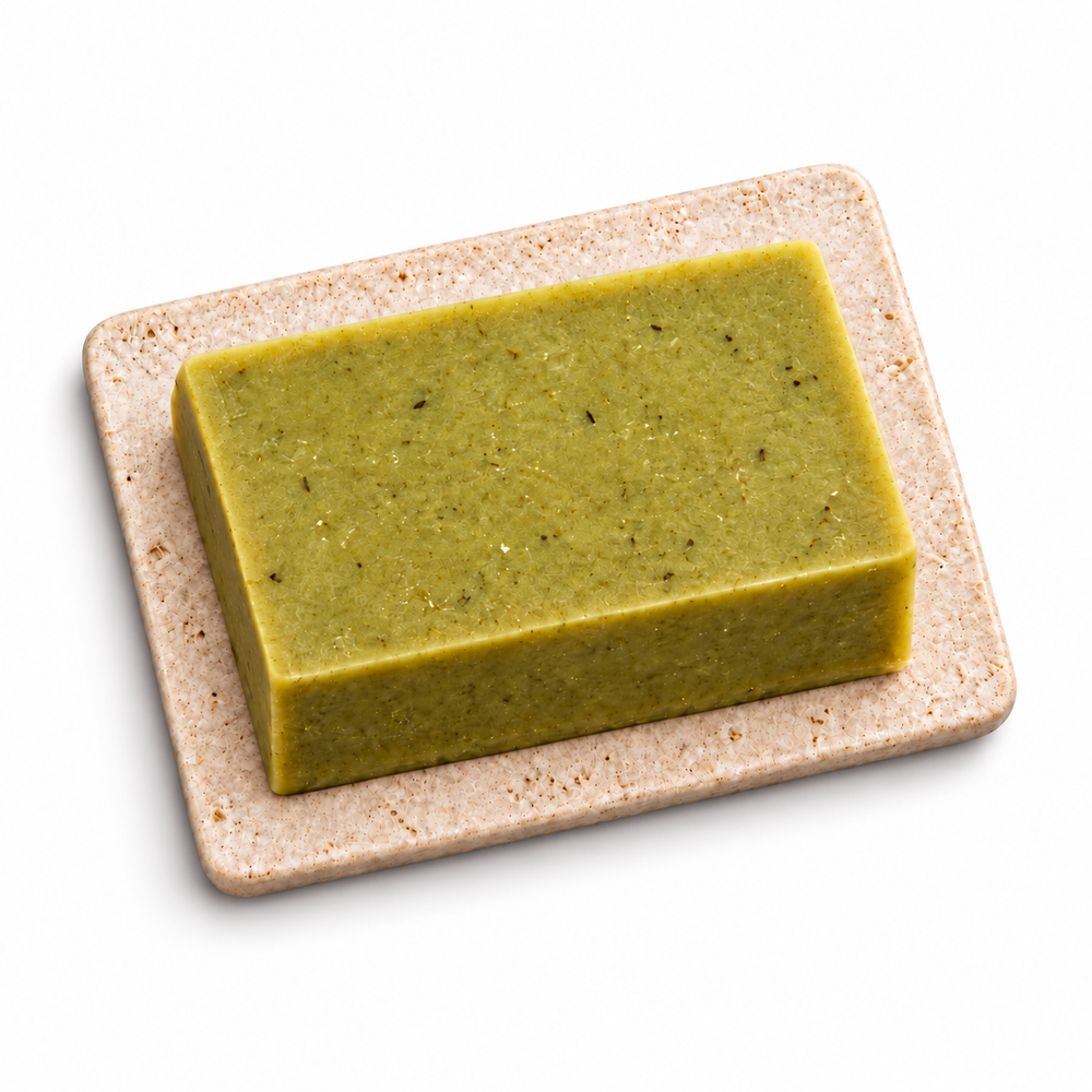 African Bitter Leaf soap bar, natural olive-green botanical texture, rectangular on a square white background