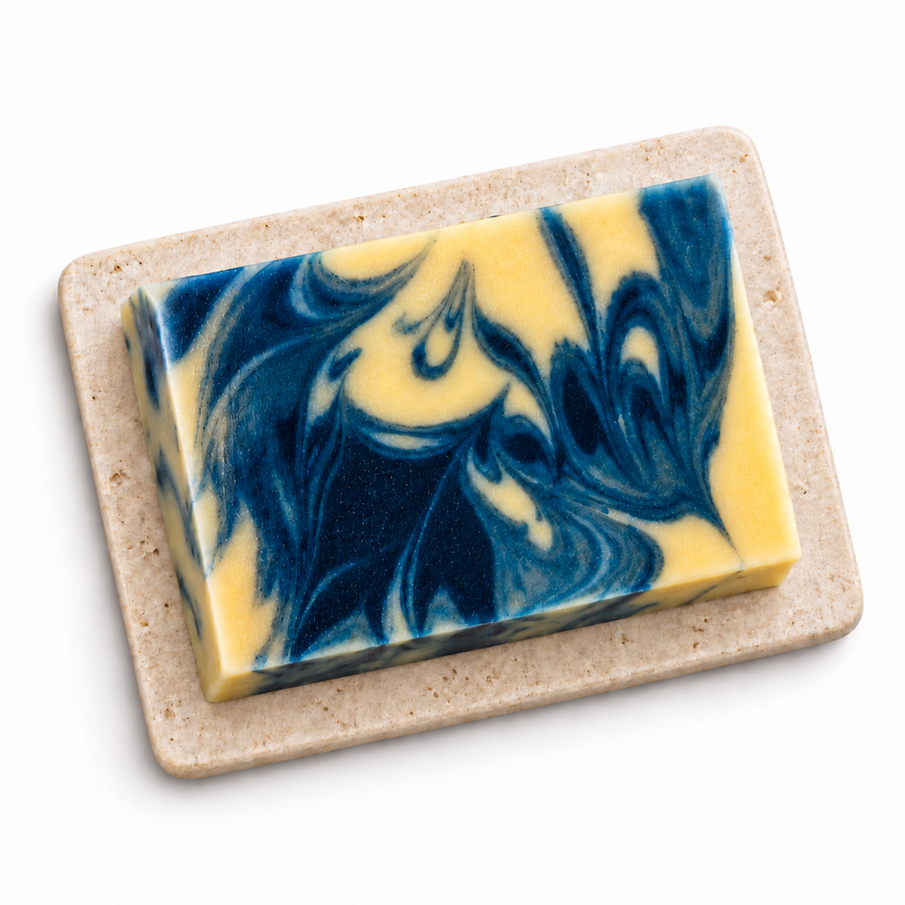 Azure Lumière rectangular handmade soap bar, natural texture, white background