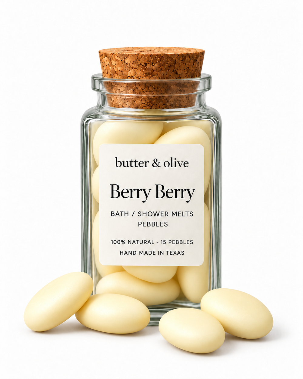 Berry Berry bath and shower melts with four loose pebbles in front of a matching square glass jar