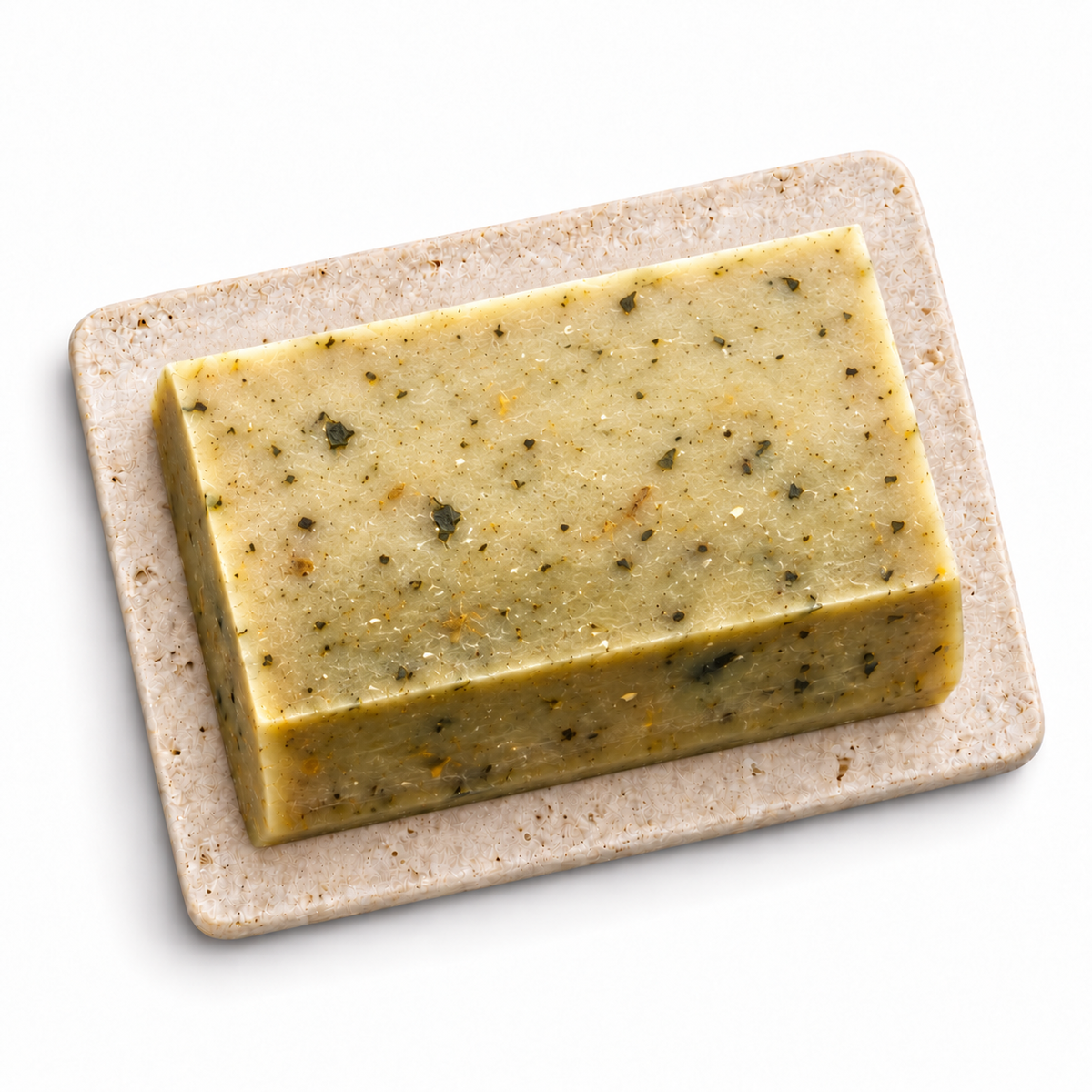 Divine Greens handmade soap in its natural olive-khaki color with botanical flecks, shaped as a plain rectangle