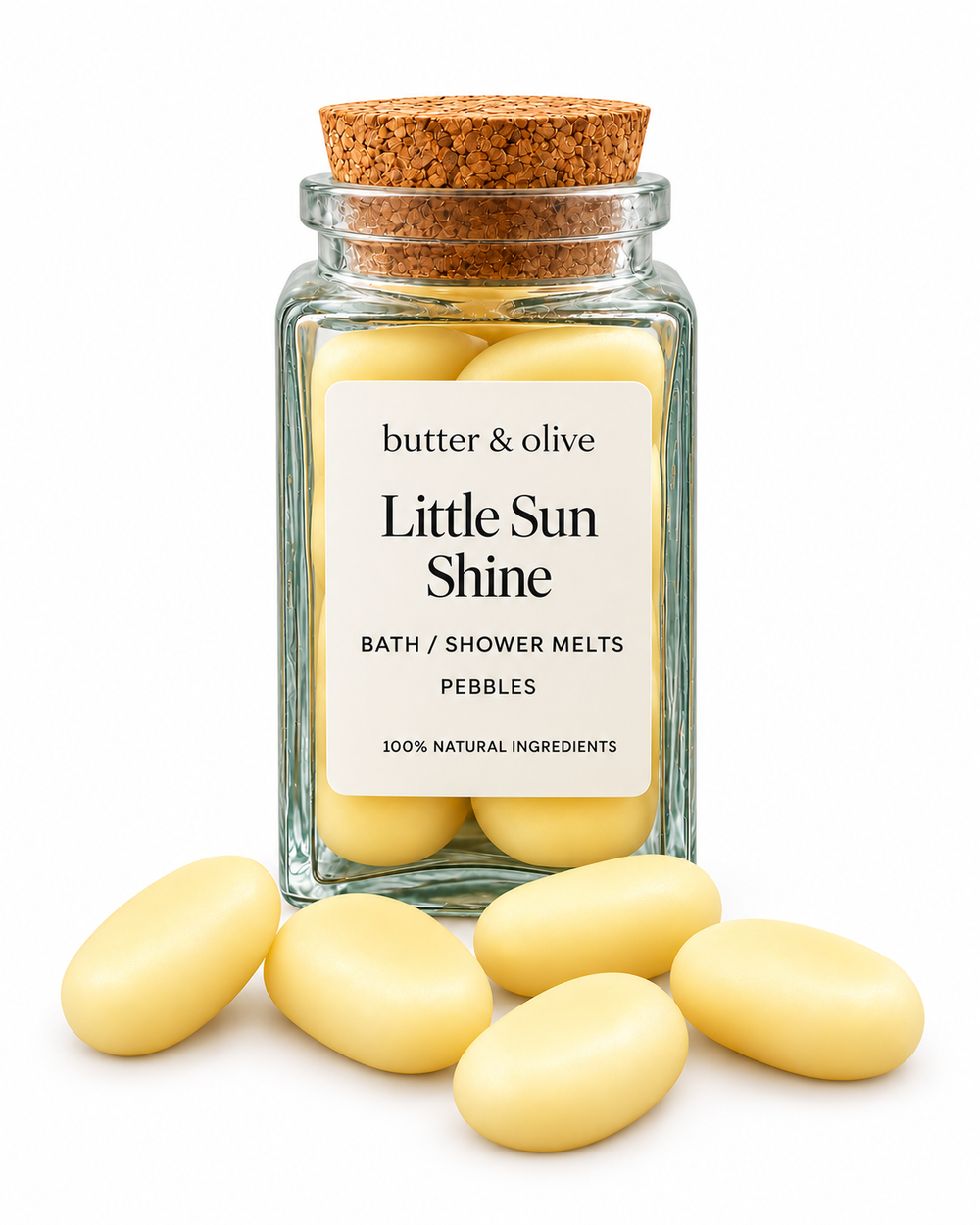Little Sun Shine bath and shower melts in a matching square glass jar on white