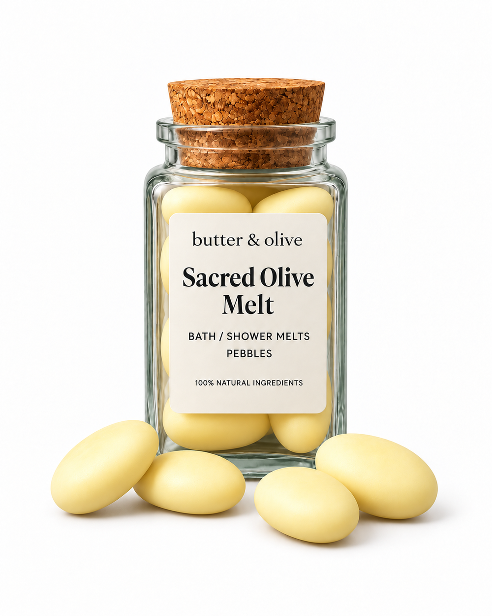 Sacred Olive bath and shower melts in a matching square glass jar on white