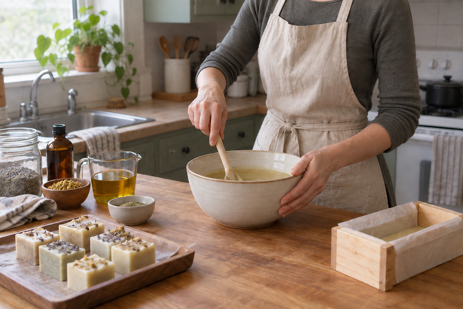 A woman, seen from behind with her face out of view, carefully mixing soap in a home kitchen